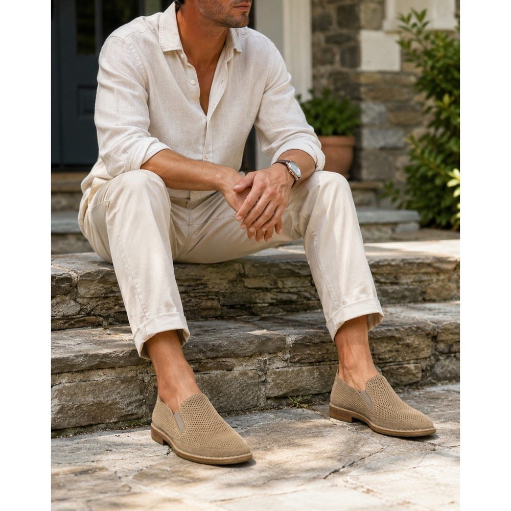 H.S. Trask Men's 8 Perforated Suede Slip On Loafers Taupe Tan Vibram Shoes